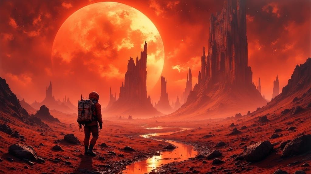 Astronaut Explores Ancient Alien Ruins on Crimson Planet