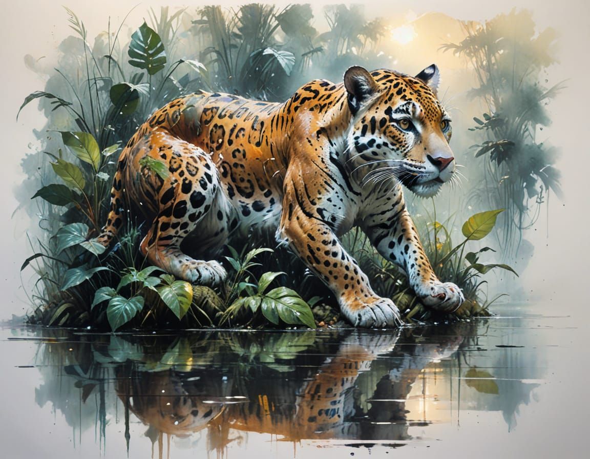 Jaguar in Flooded Rainforest at Dusk