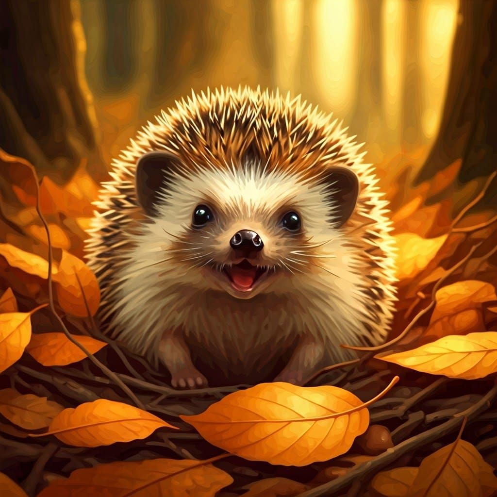 Whimsical Hedgehog in Golden Autumn Leaf Pile
