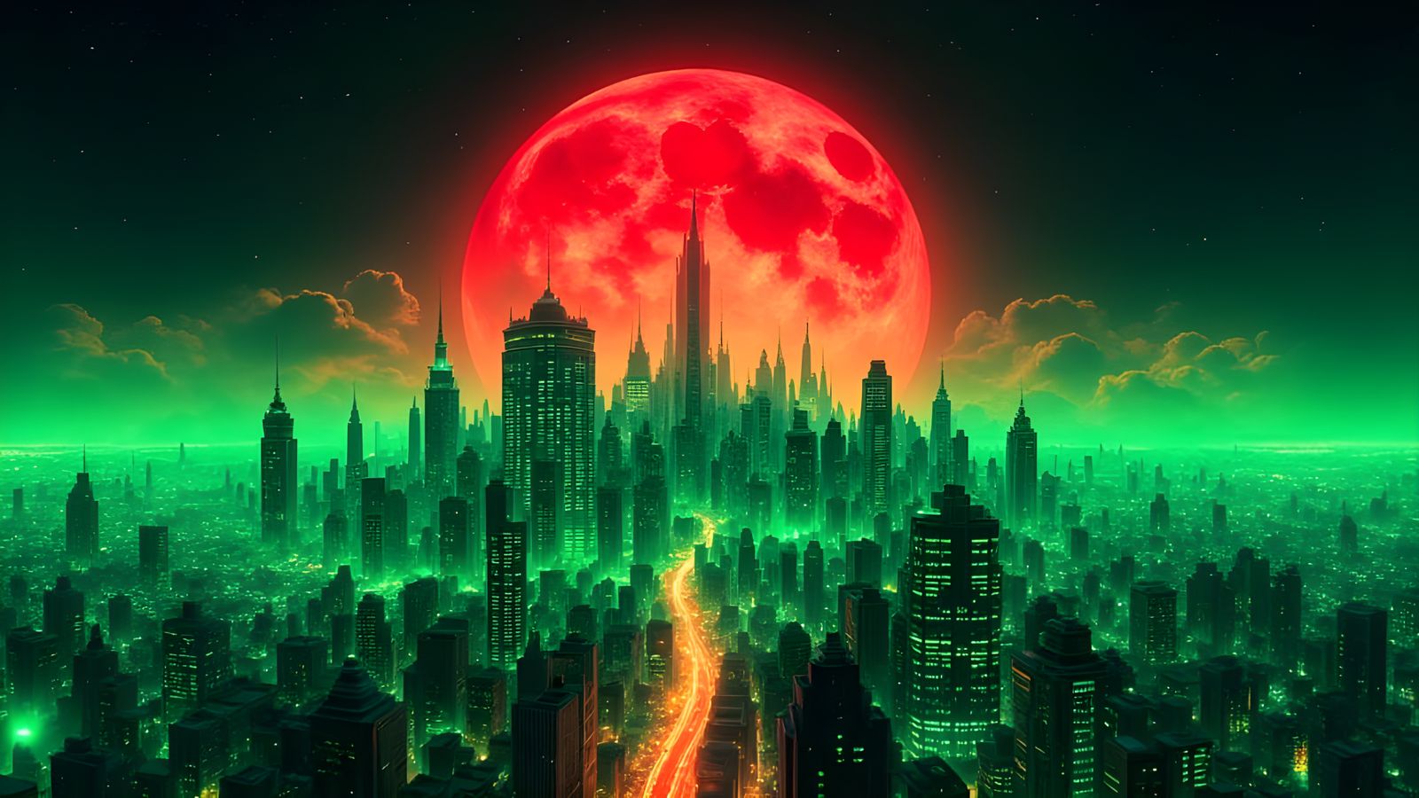 Neon Mega City Skyline Under Red Moon