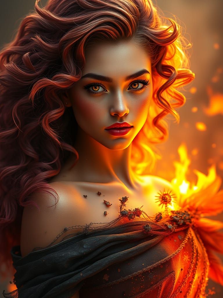 Fiery Woman with Golden Eyes, Fantasy Concept Art