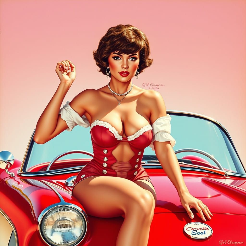 Pin-Up Beauty Sits Pretty on Vintage Red Corvette
