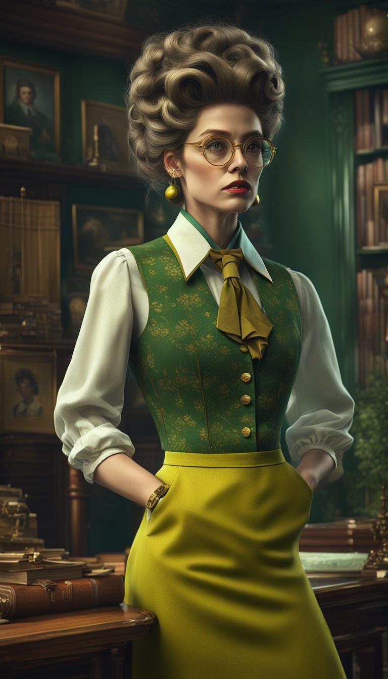 Woman in 1970s Green Fashion, Detailed Digital Art