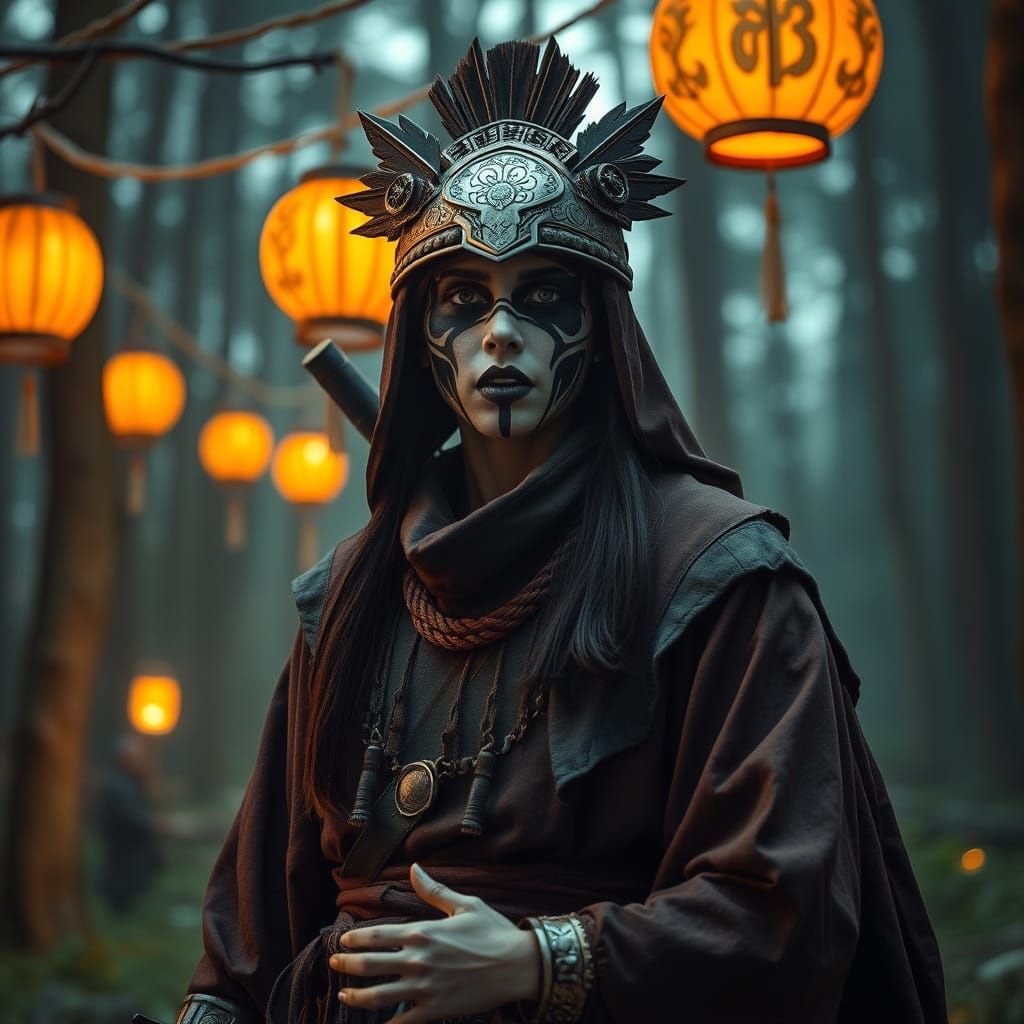 Siberian Ninja Sings in Mystical Cyberpunk Forest