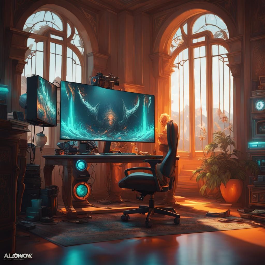Luxurious 8K Gaming PC Setup in Triadic Colors