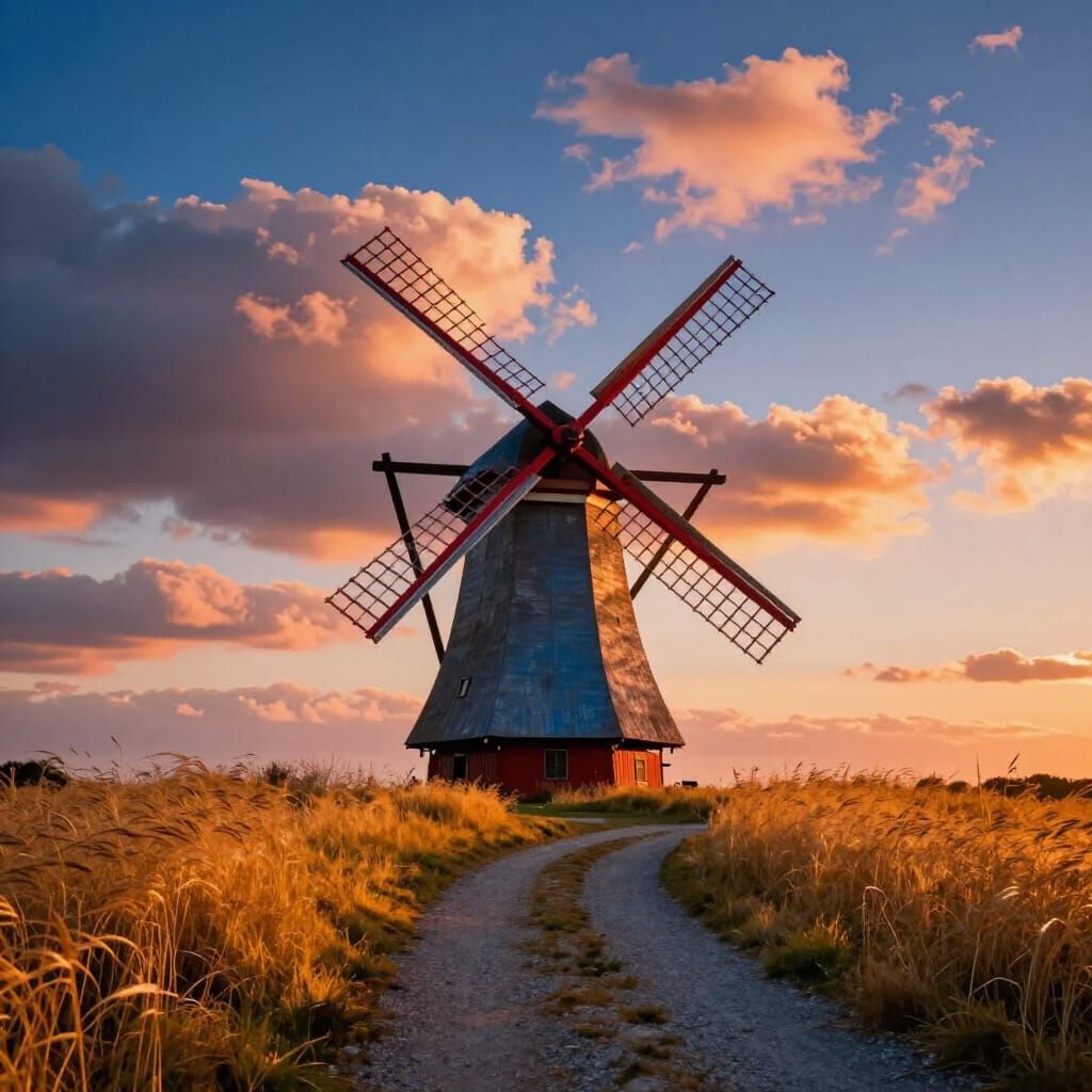 Picturesque Windmill at Sunset in Cinematic Style