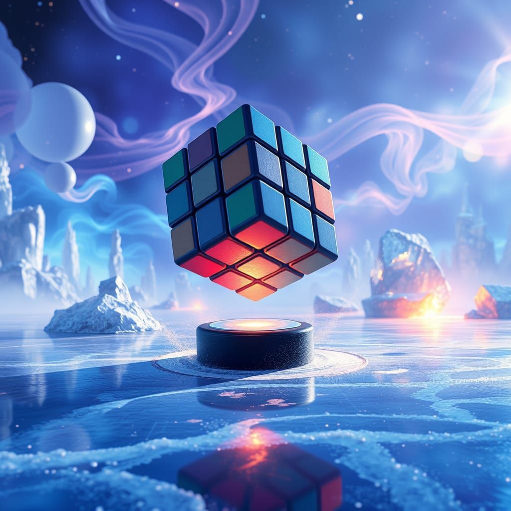 Rubik's Cube in Mid-Air Hockey Scene with Iridescent Mist