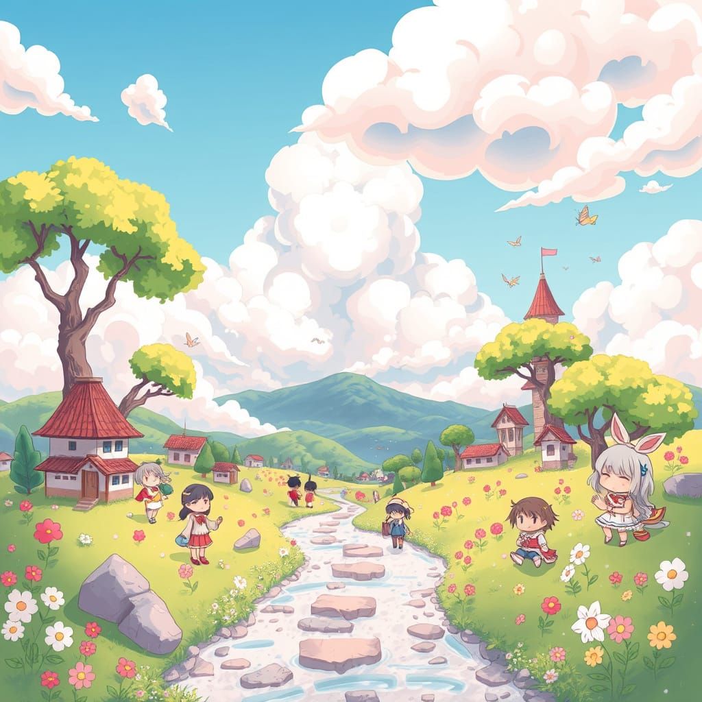 Whimsical Chibi World with Pastel Skies and Lush Landscapes