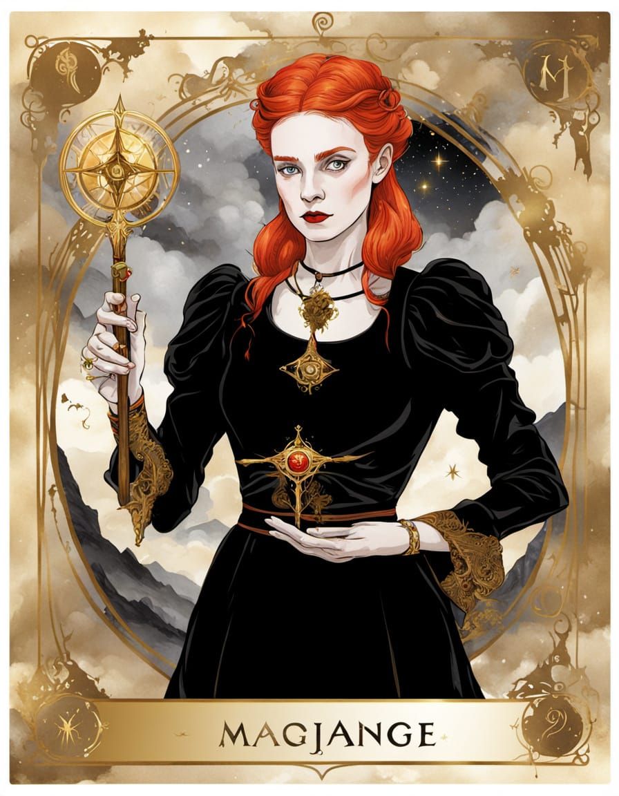 Vintage Tarot Card: Elegant Magician in Dystopian Landscape