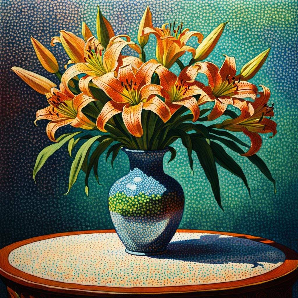 Vibrant Pointillist Still Life with Lilies