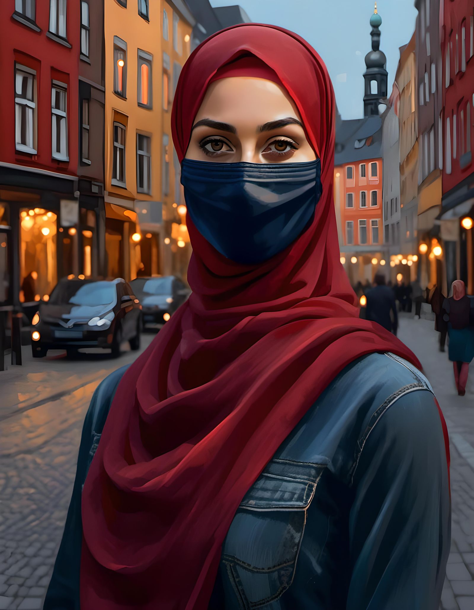 Hijabi Woman with Facemask in Oil Painting Style
