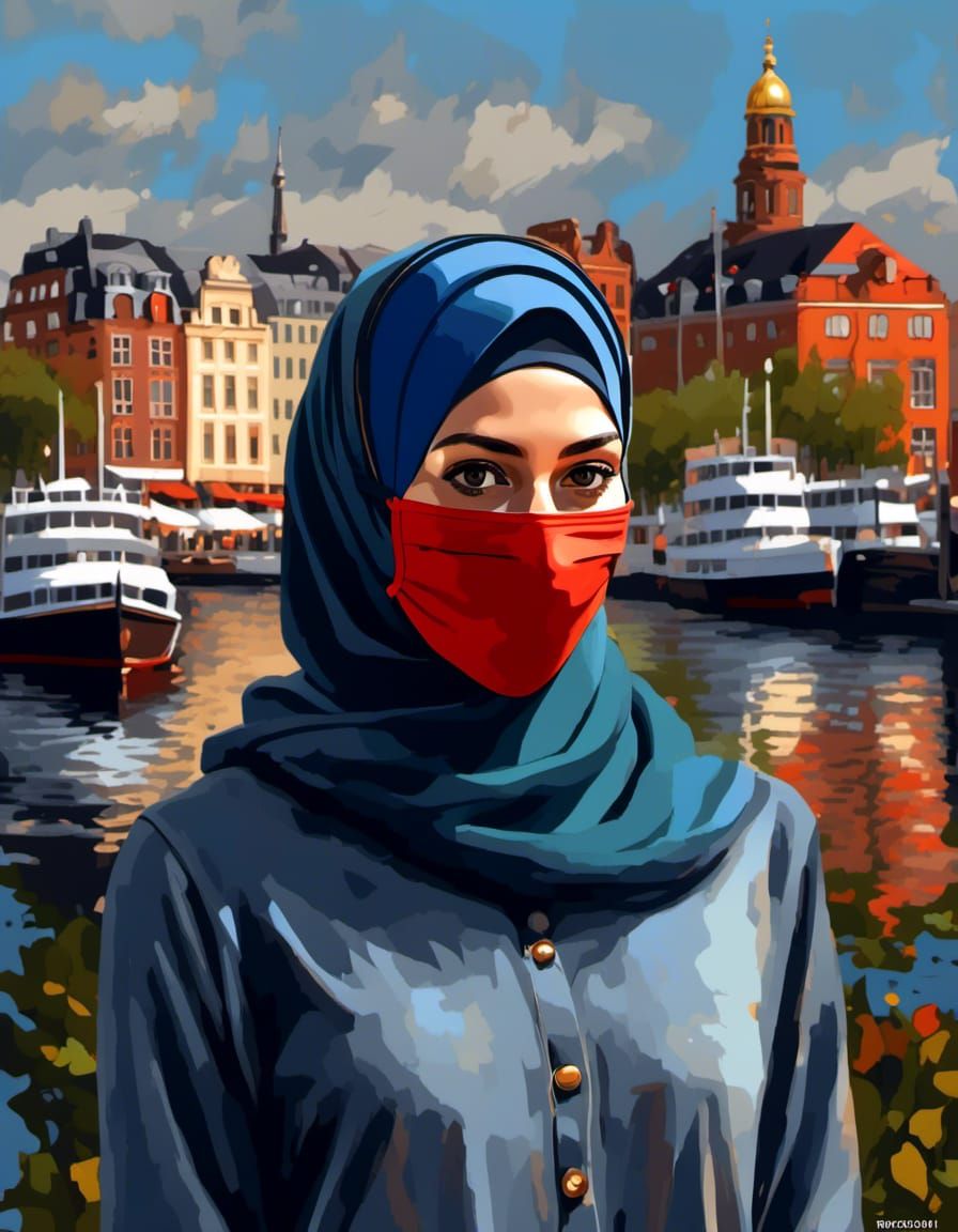 German Hijabi Woman in Copenhagen, Oil Painting