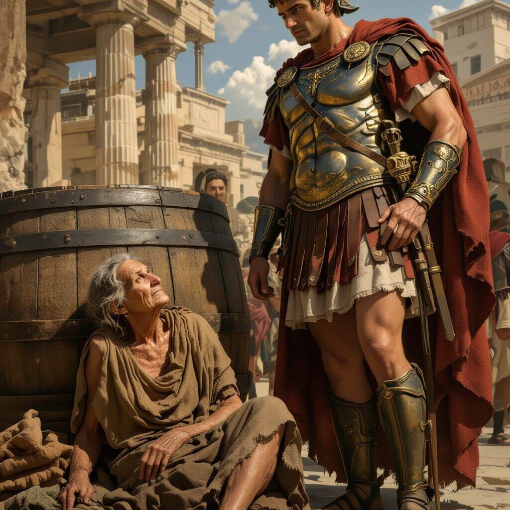 Diogenes Confronts Alexander in Ancient Greek Square