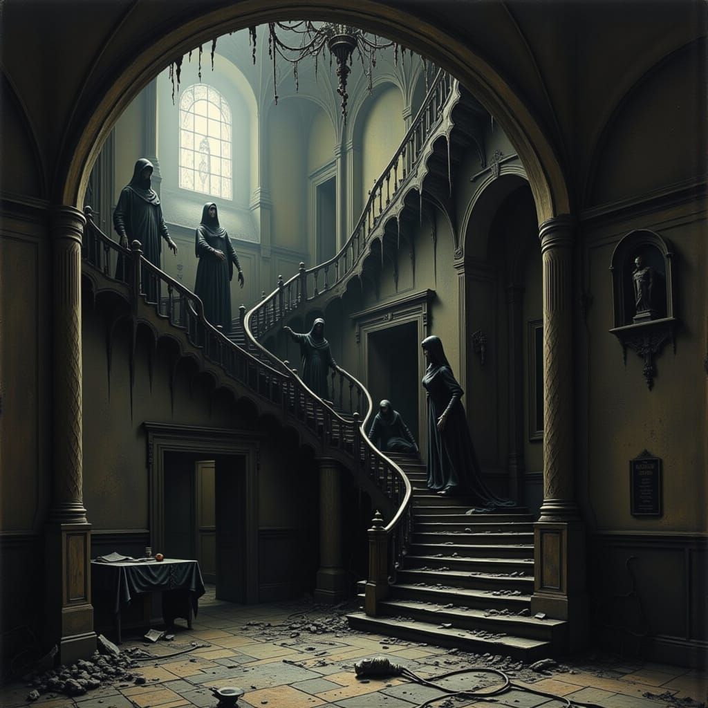 Gothic Mansion Interior With Spectral Figures