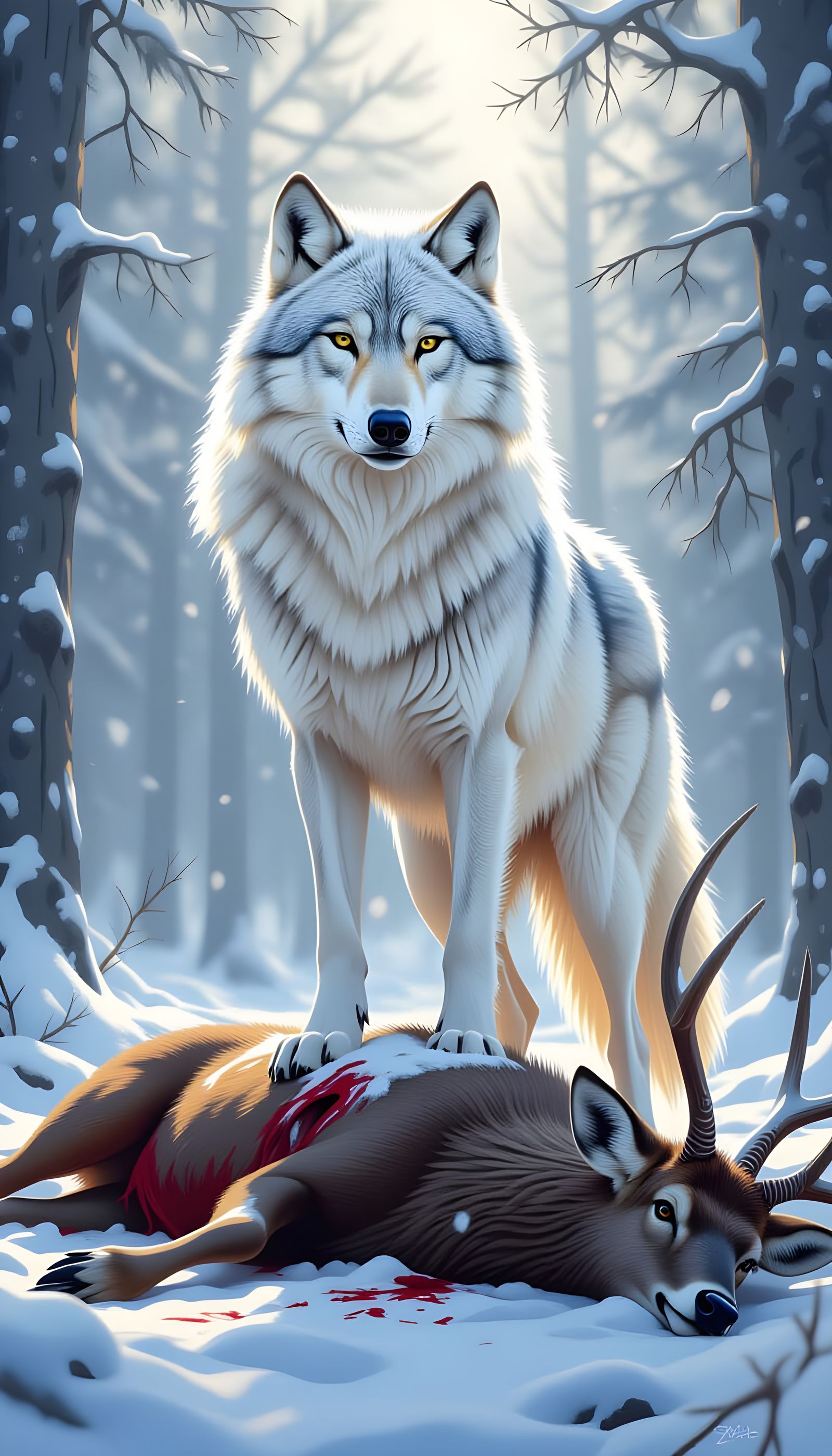 Realistic White Wolf Stands Over Deer, 8K