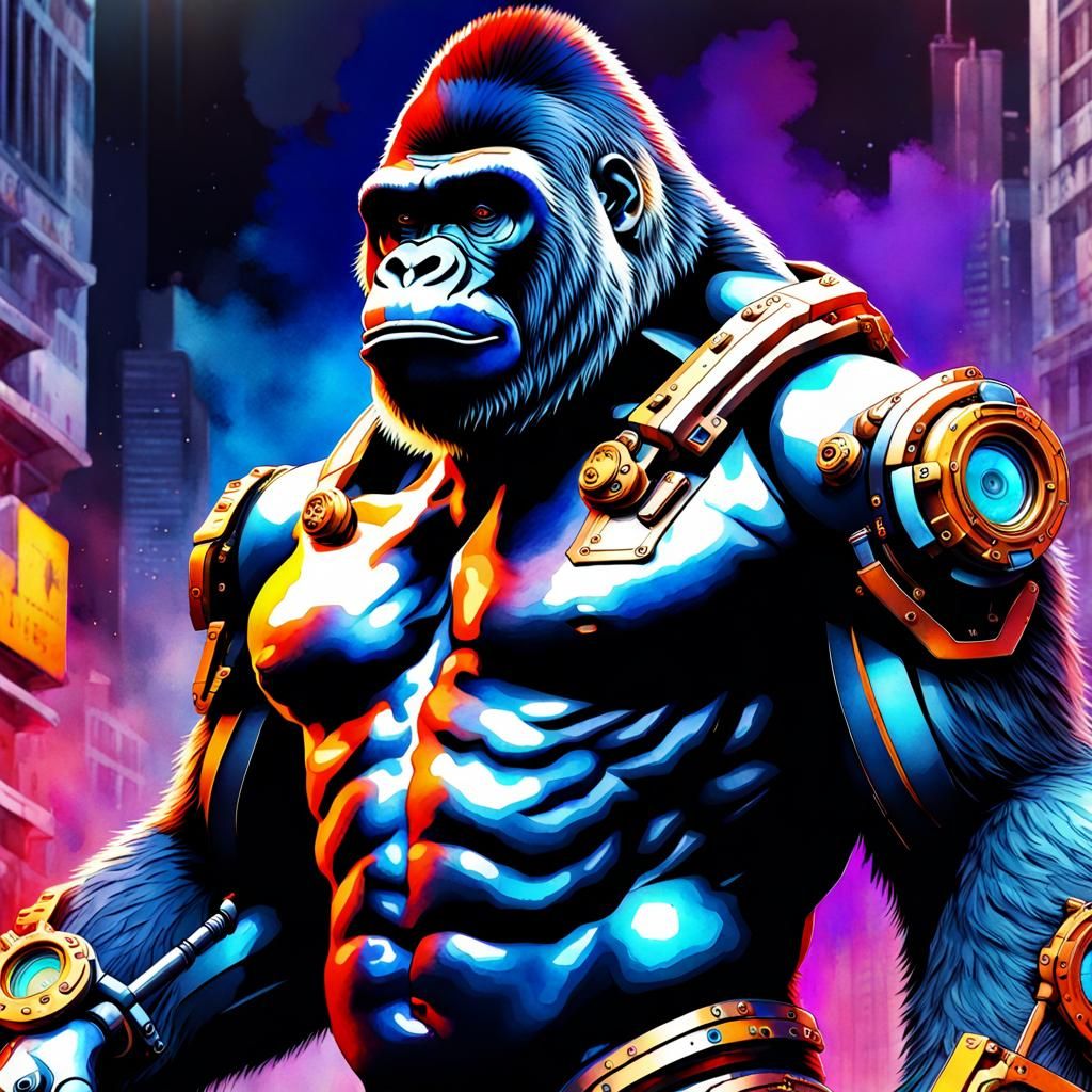 Cyborg Gorilla in Vibrant 8K Watercolor
