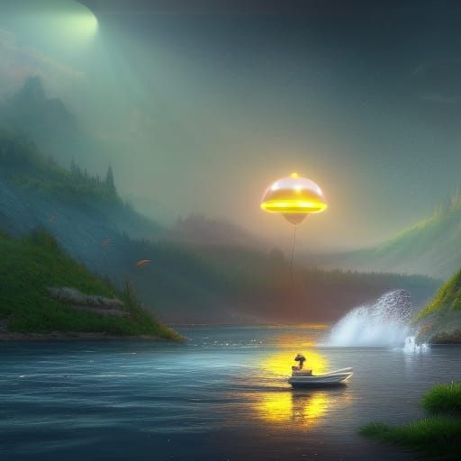 while on the boat a man was fishing and saw a UFO come out of the river with bright lights.