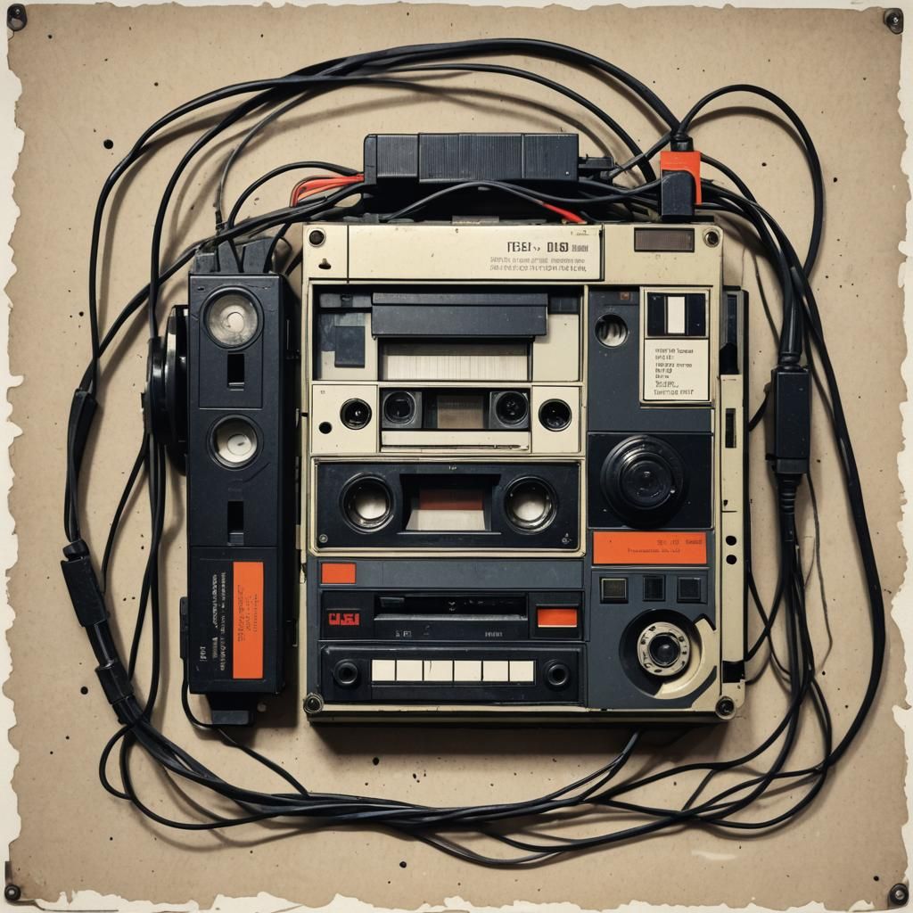 Maximalist Art Deco Phone Cassette Floppy Disc Collage