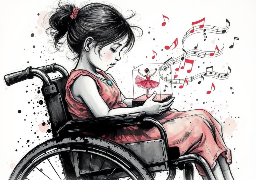 Whimsical Ink Splatter Art of a Young Girl in a Wheelchair