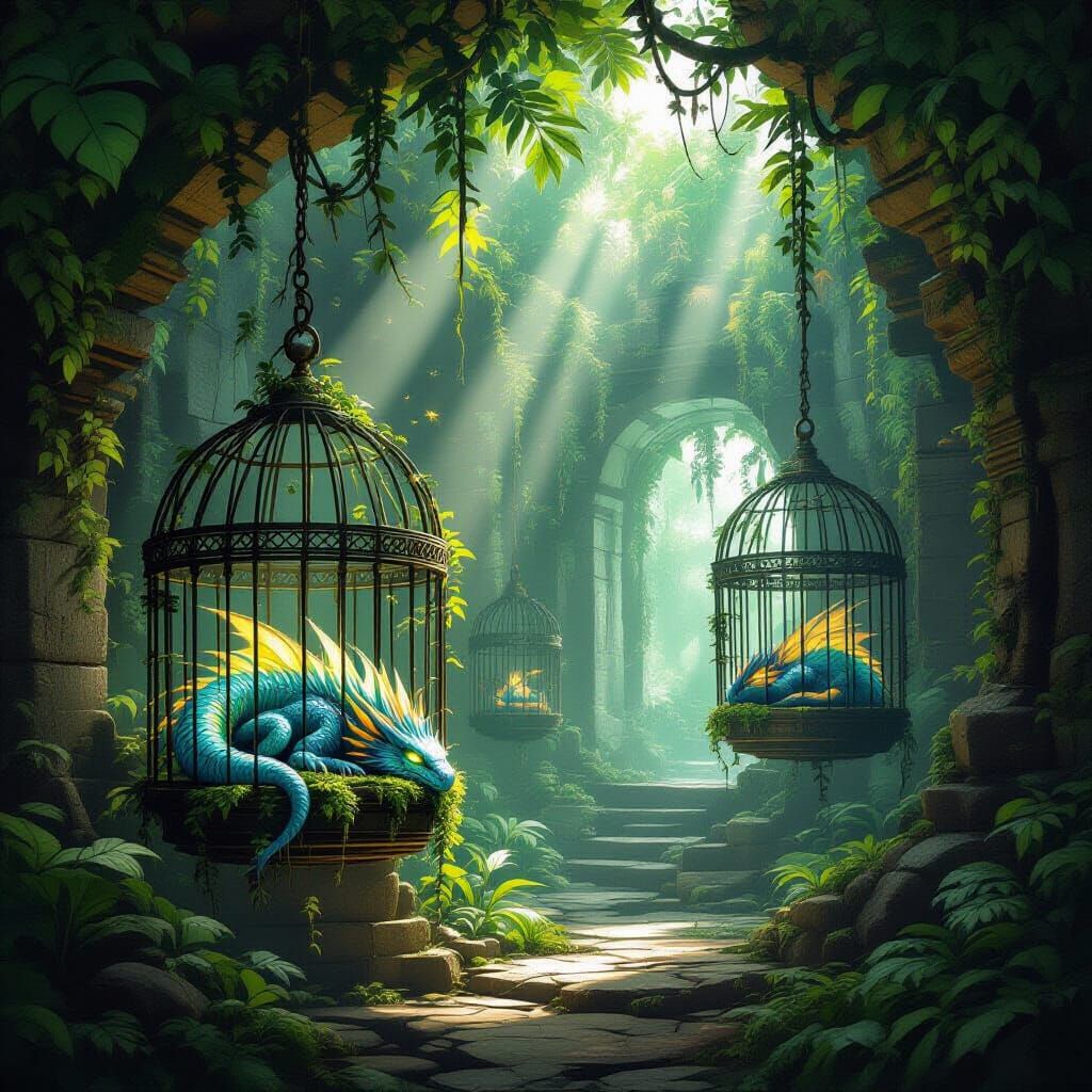 Overgrown Jungle Temple With Bioluminescent Dragon