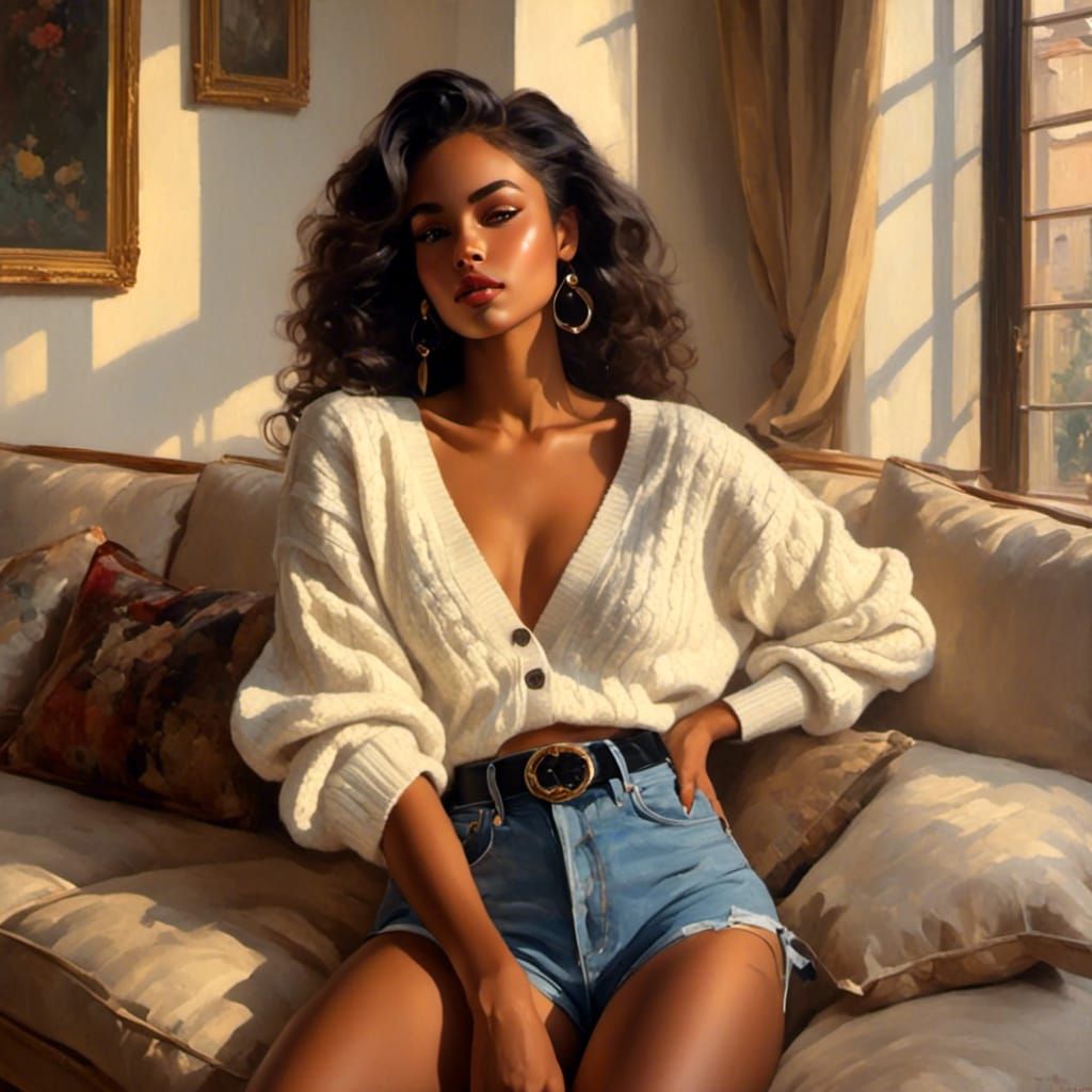 Young Black Woman Relaxing on a Couch in a Cozy Atmosphere
