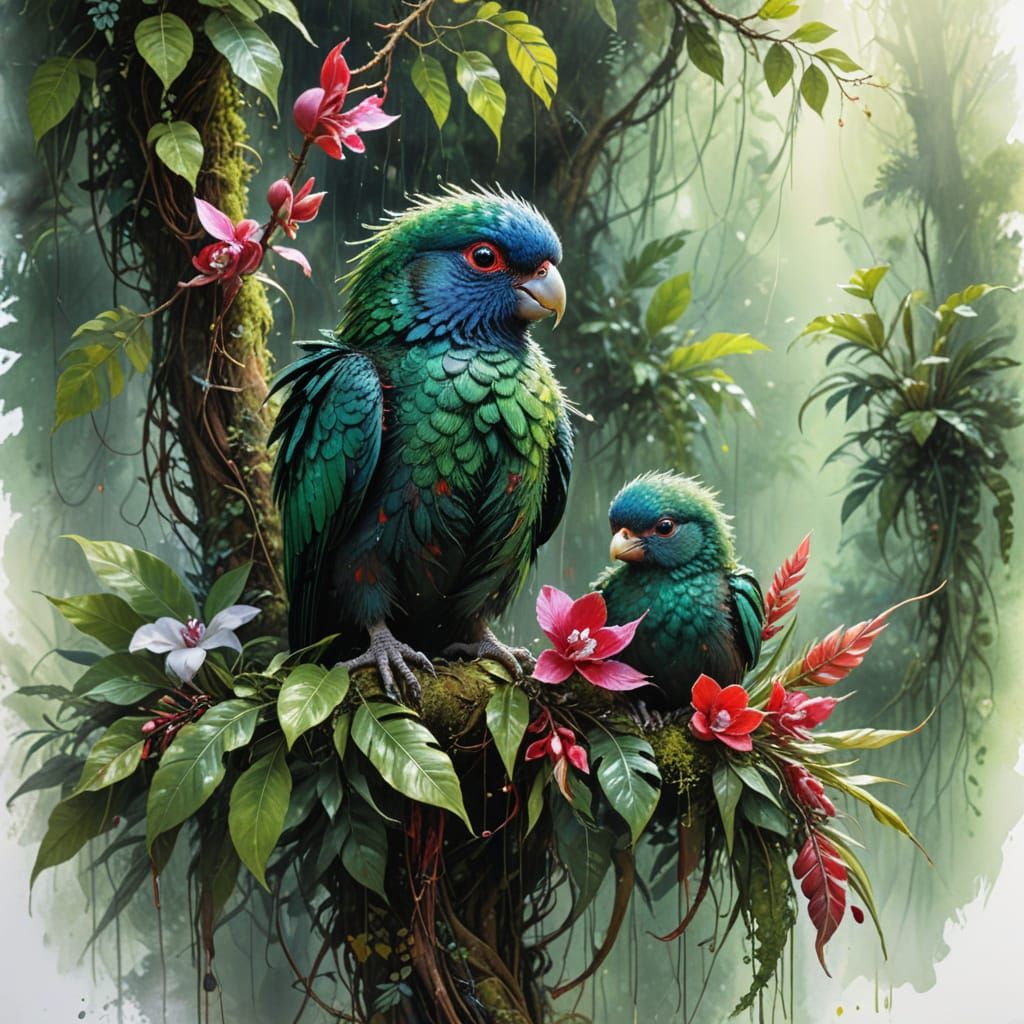 Emerald Quetzal Chicks in Rainforest Canopy as Impasto Oil