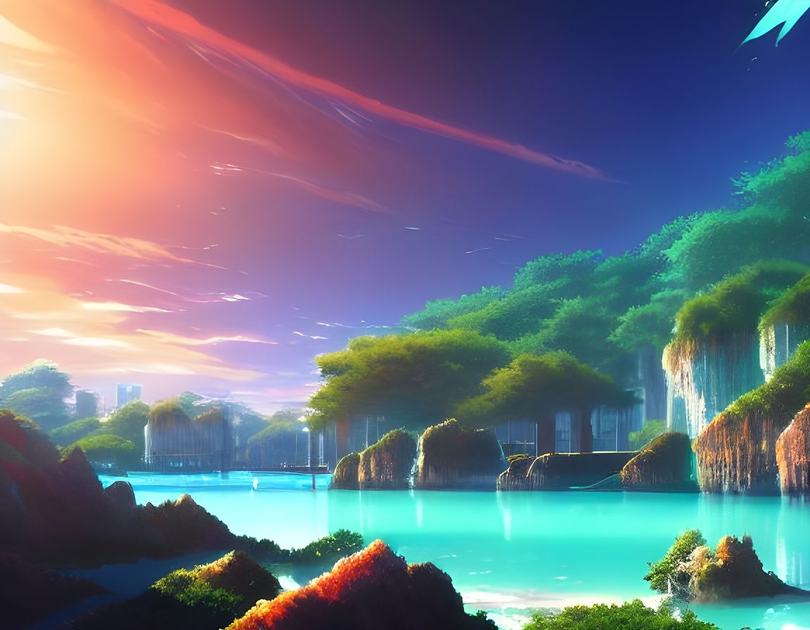 The Lagoon Anime Key Visual, by Makoto Shinkai, Deep Color, Intricate, 8k resolution concept art, Natural Lighting, Beau...