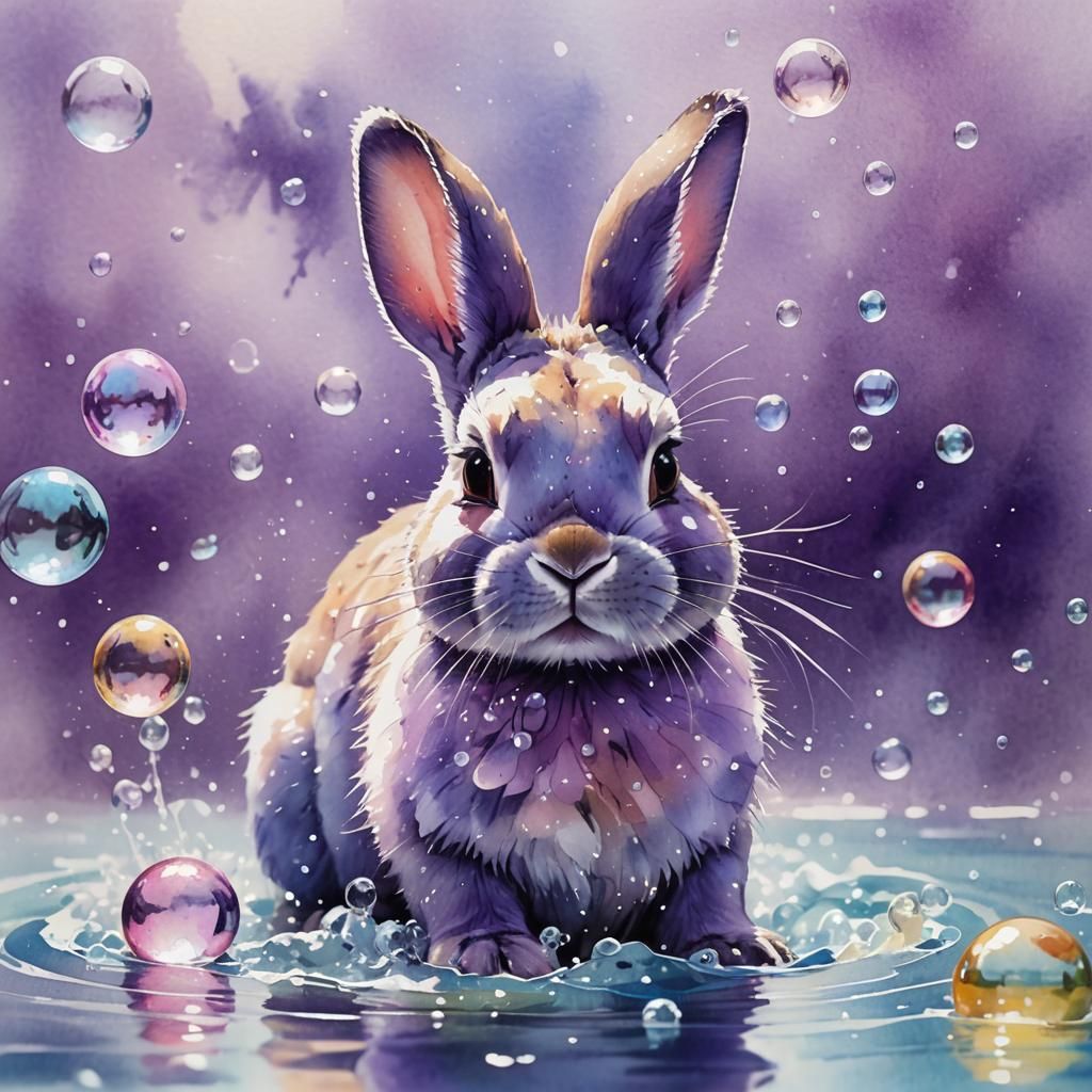 Dreamy Watercolor Scene of a Purple Bunny in a Splash of Wat...