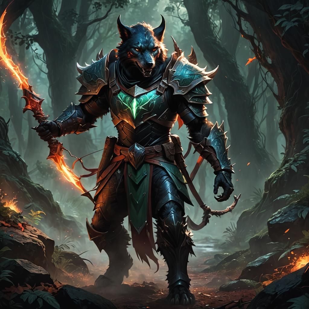 Fantasy Ranger Fires Glowing Long Bow in Vibrant Forest Land...