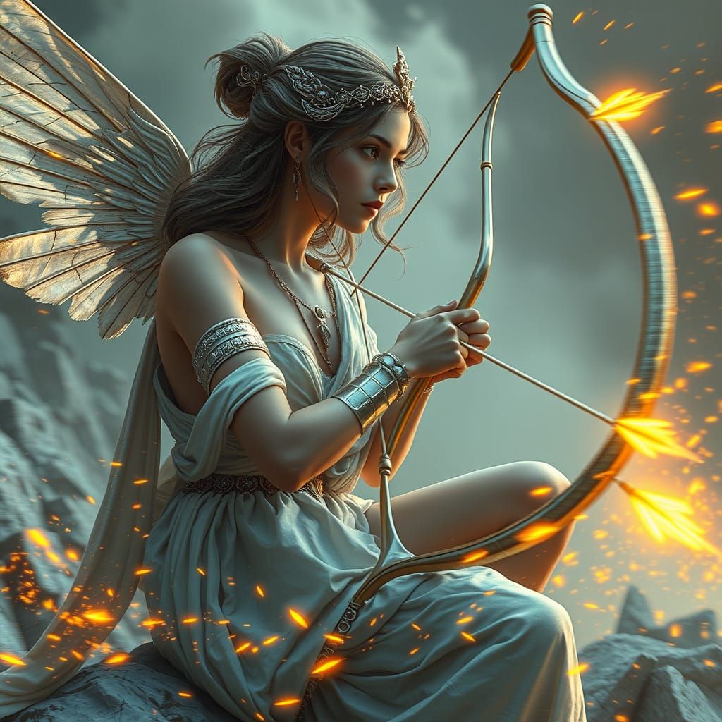 Ethereal Goddess Artemis in a Glitching Silver and Gold Aest...