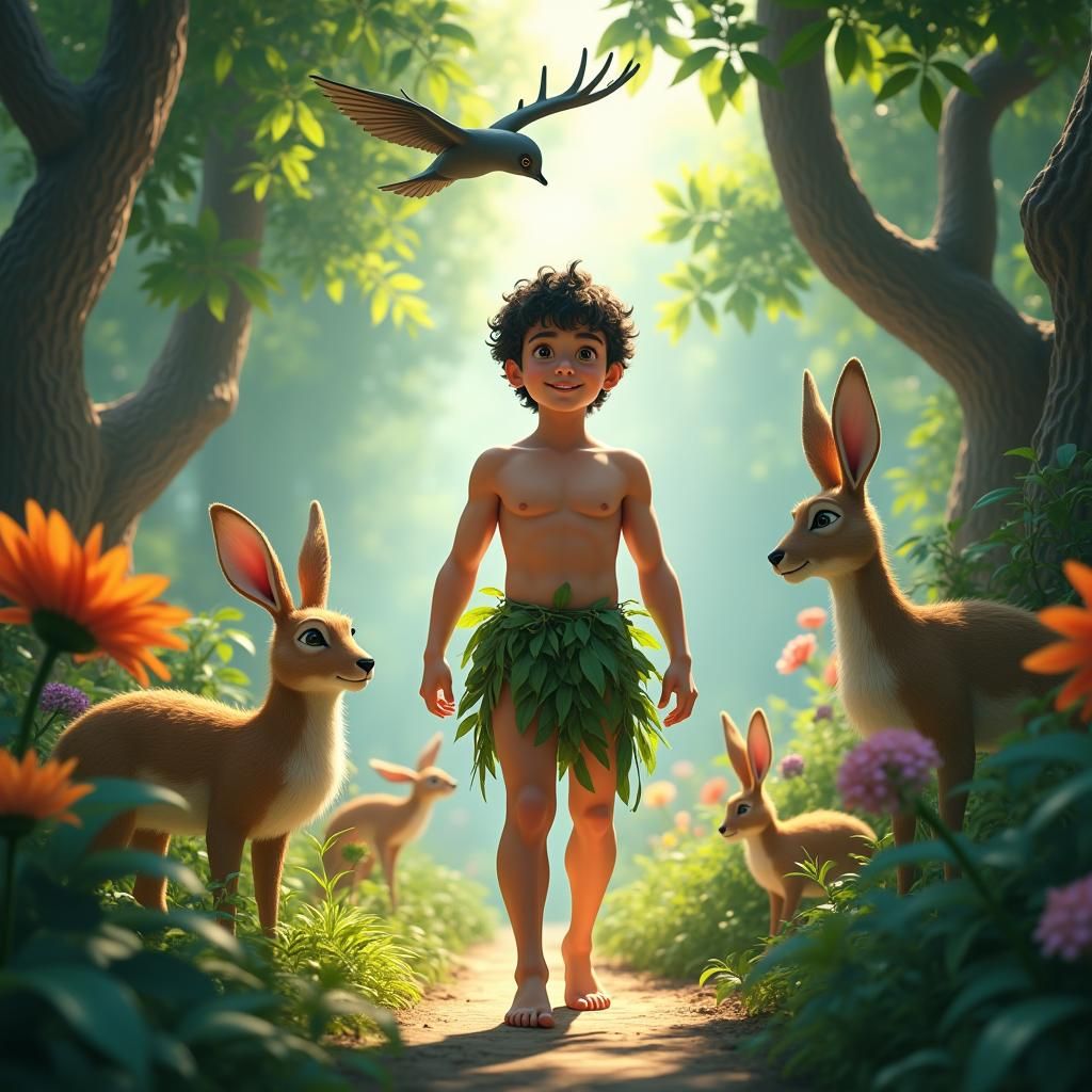Young Adam Explores Lush Garden of Eden in 3D Anime Style