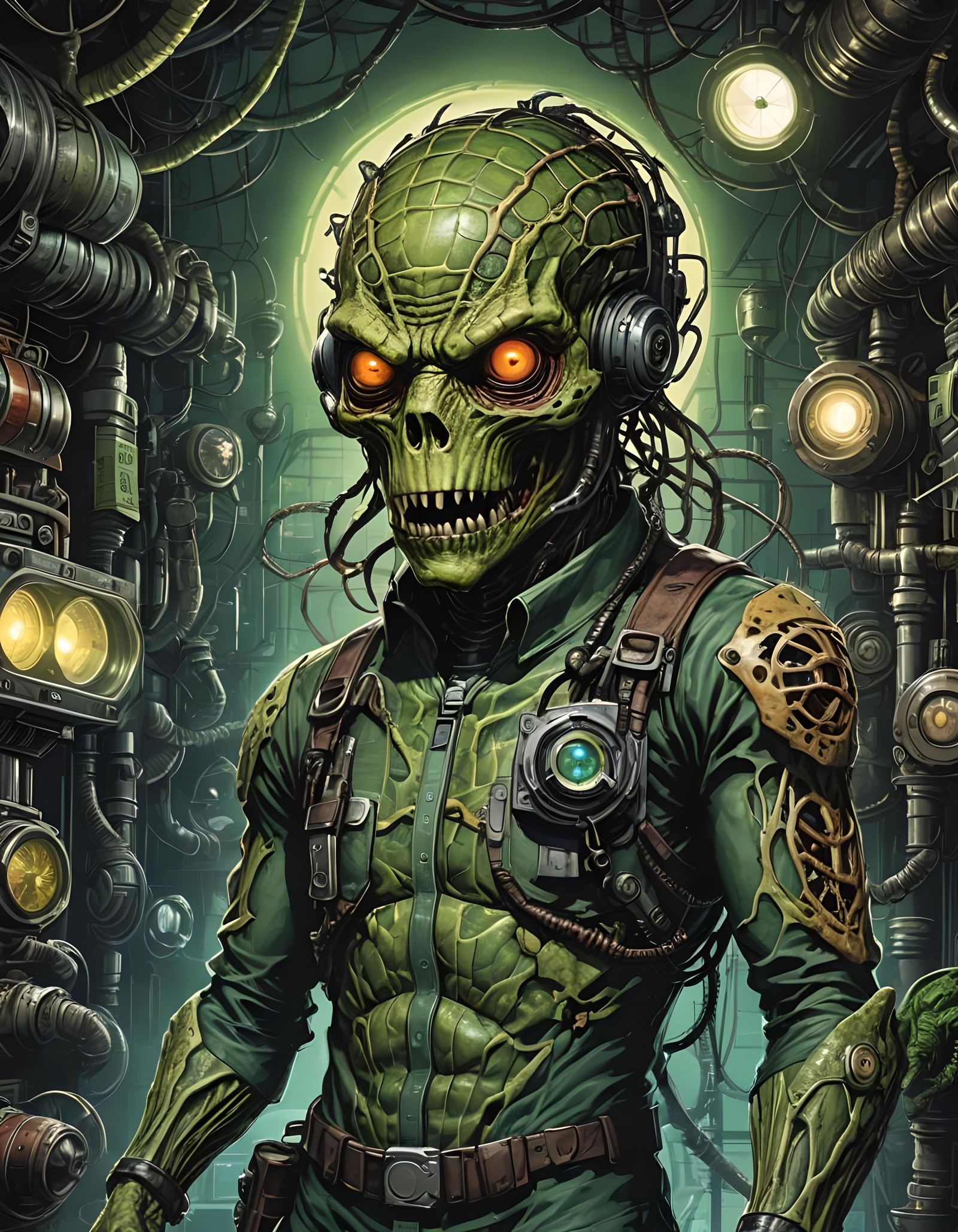 Reptilian Biopunk Horror Figure in Vibrant Graphic Novel Sty...