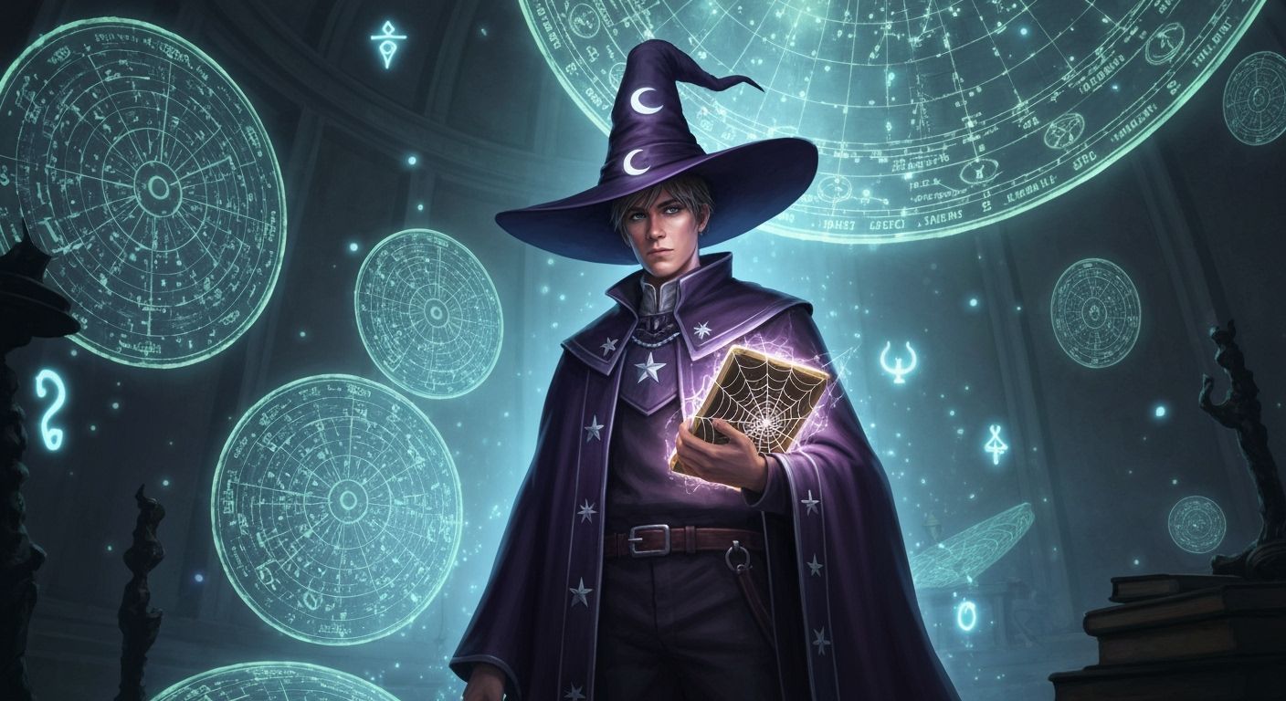 Witch in Celestial Observatory with Glowing Tablet