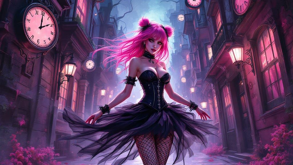 Gothic Punk Rocker in a Dreamlike Alleyway