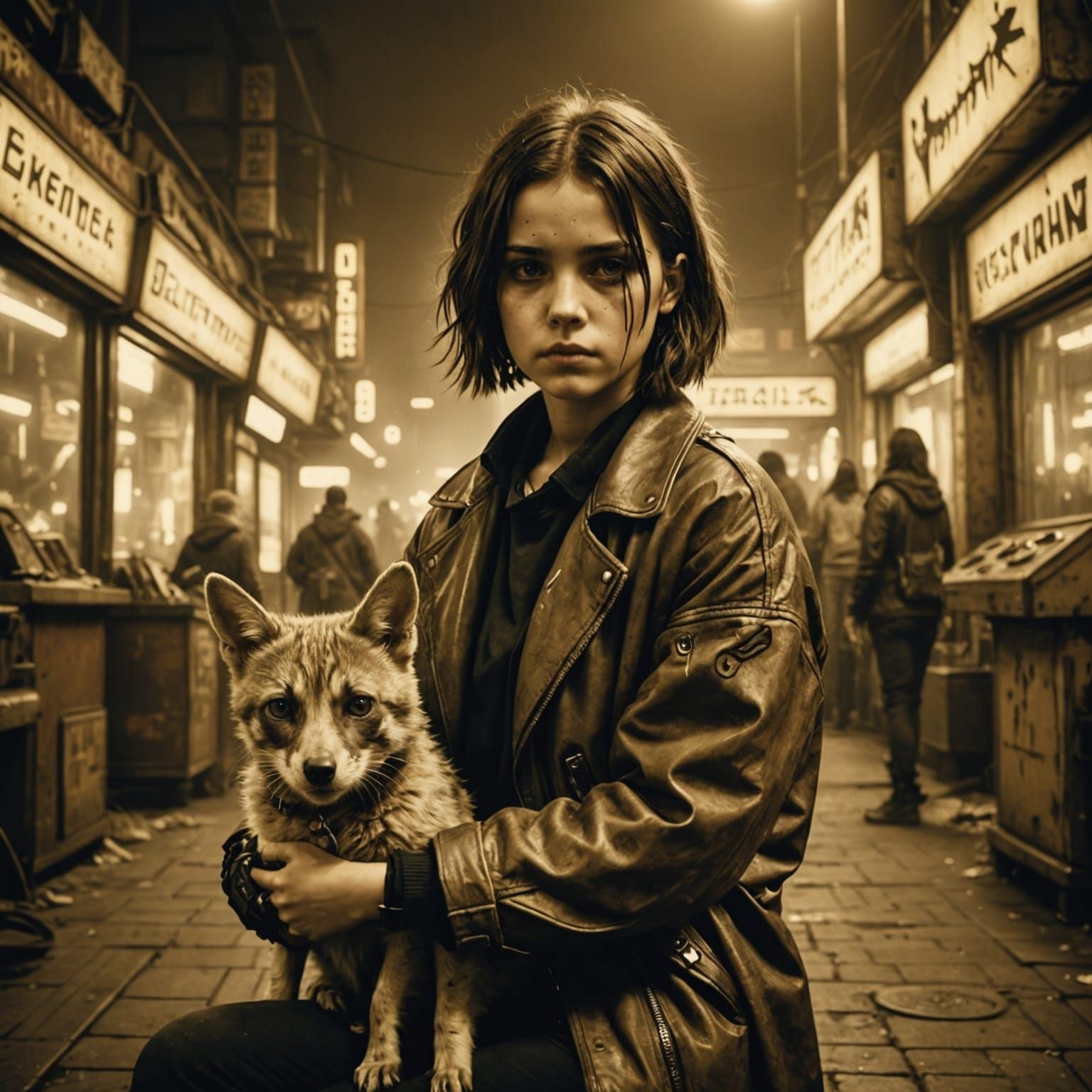 Girl and Pet in Cyberpunk Sepia Photo