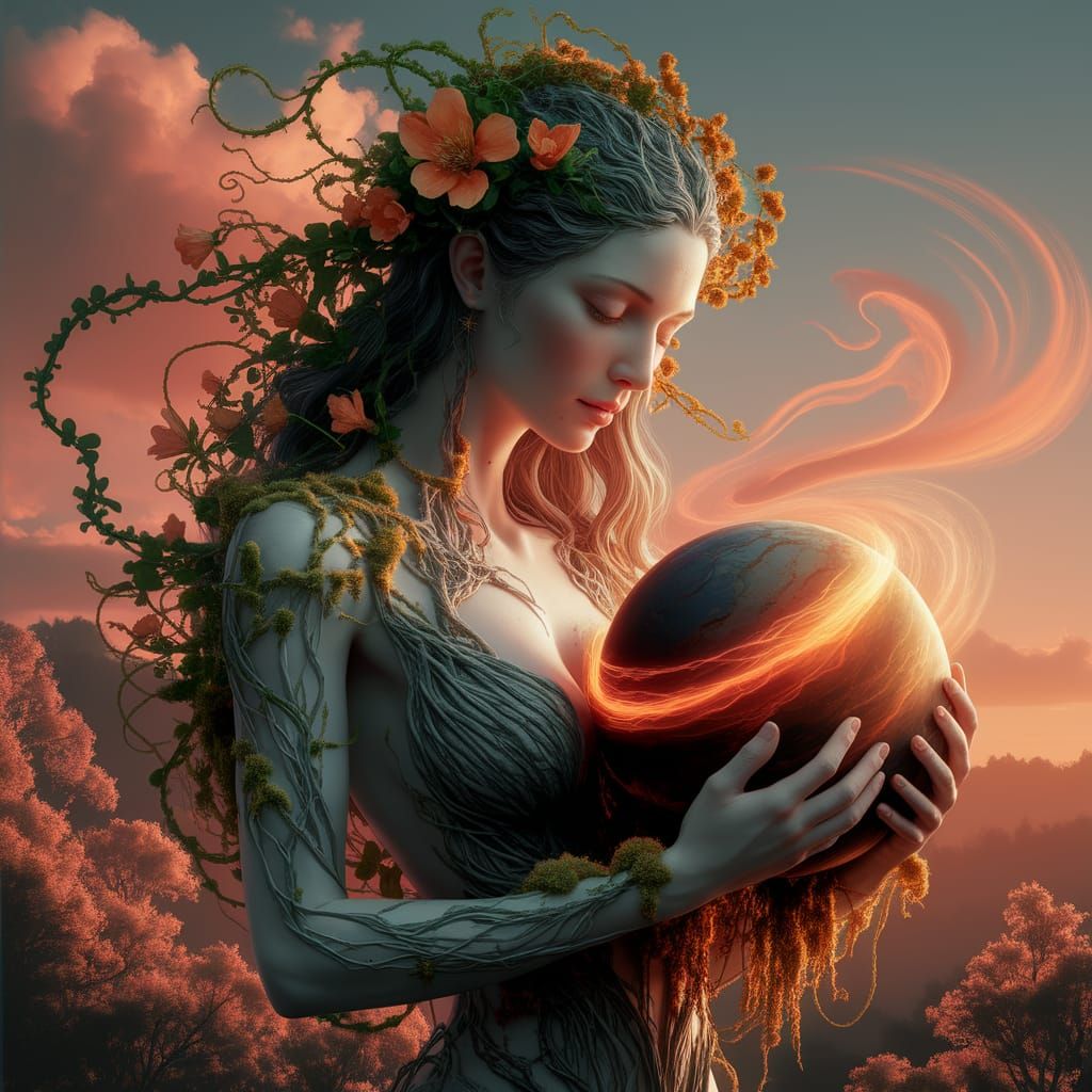 Earth Goddess Amidst Flora in Golden Hour