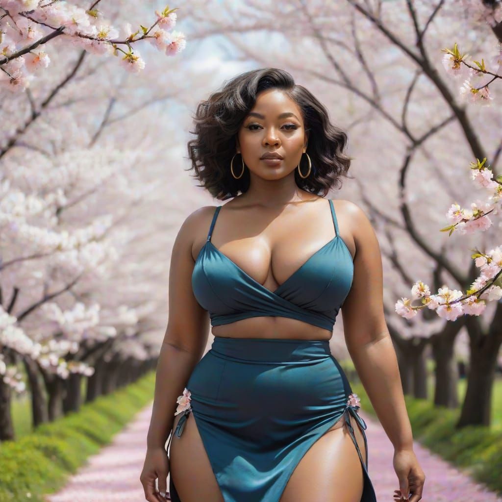 African Beauty Adorns Cherry Blossom Forest