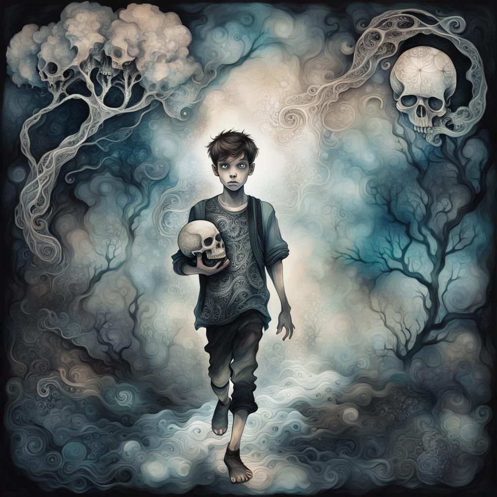 Surreal Dreamscape of Night Terrors: Boy with Skull