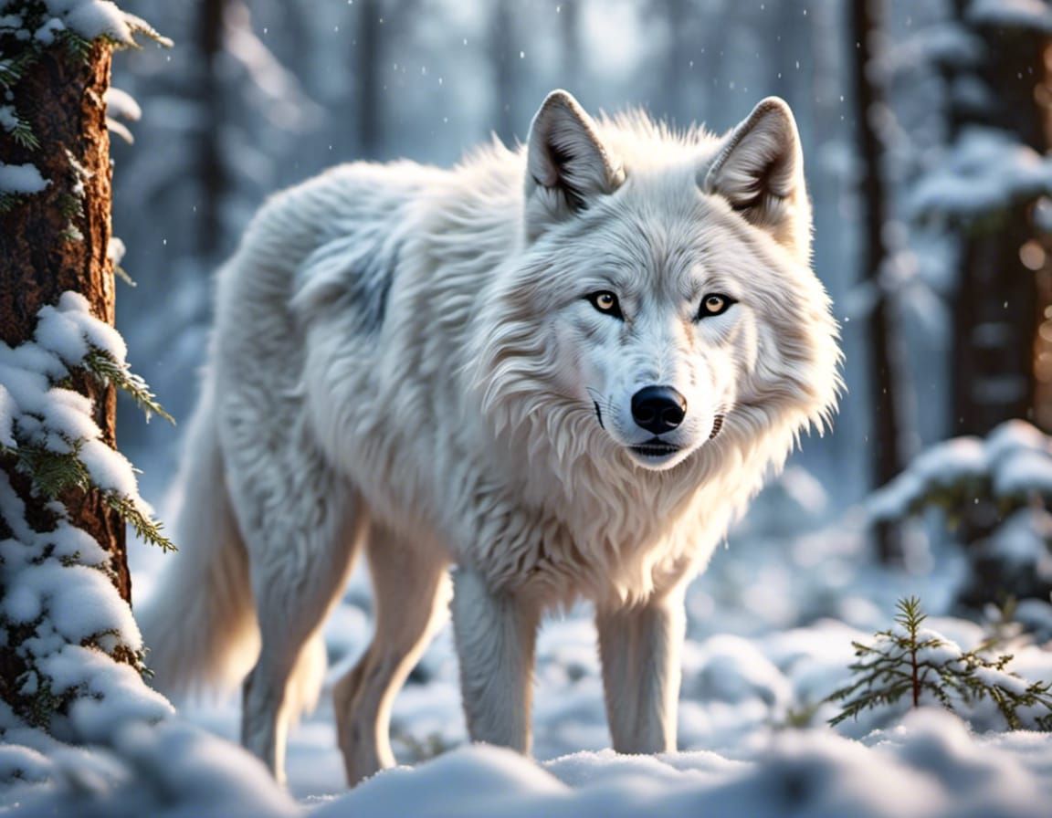 Vibrant Snowy Wolf in Forest, in Hyperrealistic Style