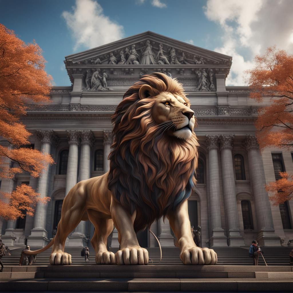 Regal Lion Stands Before NYC Library in Vibrant Illustration