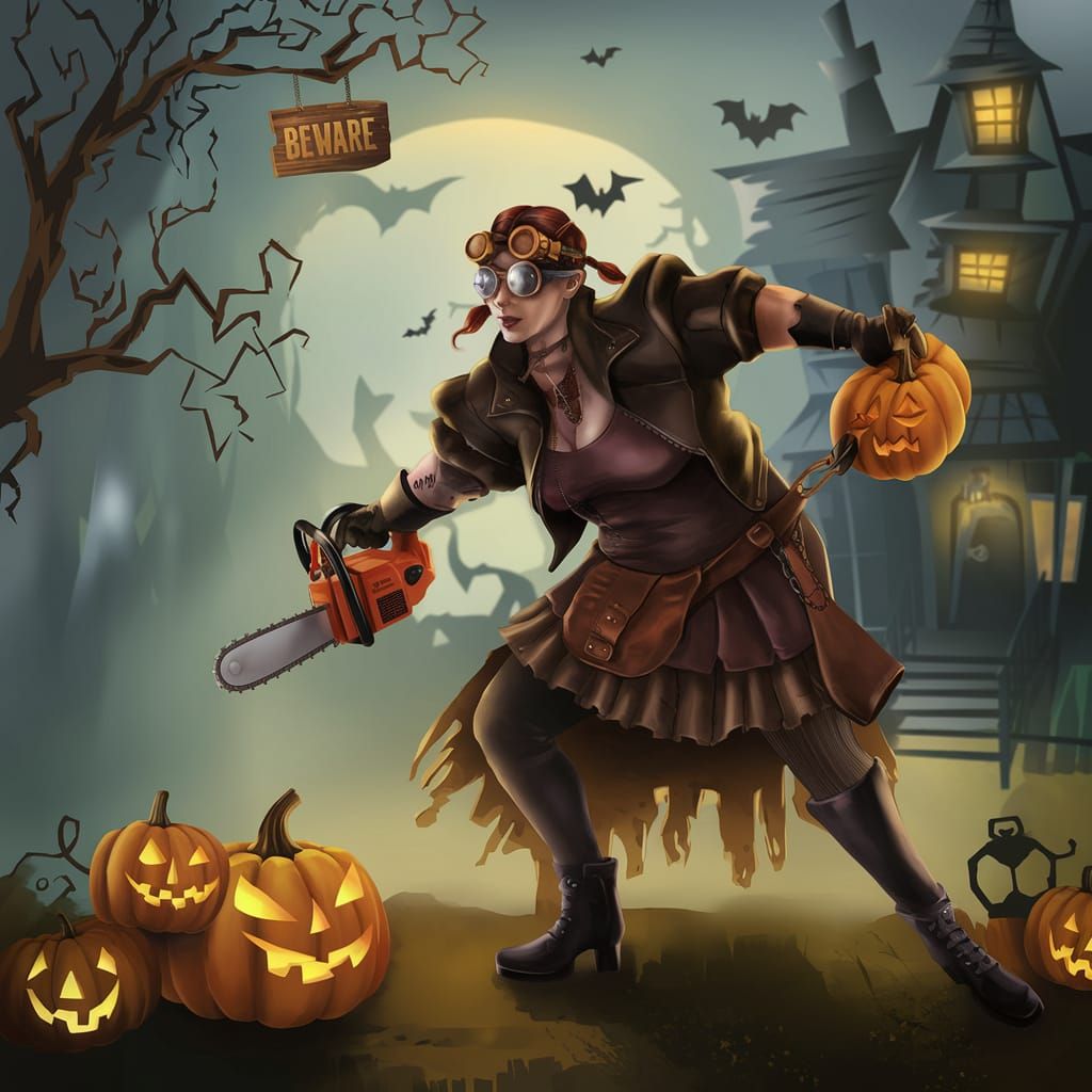 Steampunk Woman Carves a Haunted Pumpkin with Chainsaw