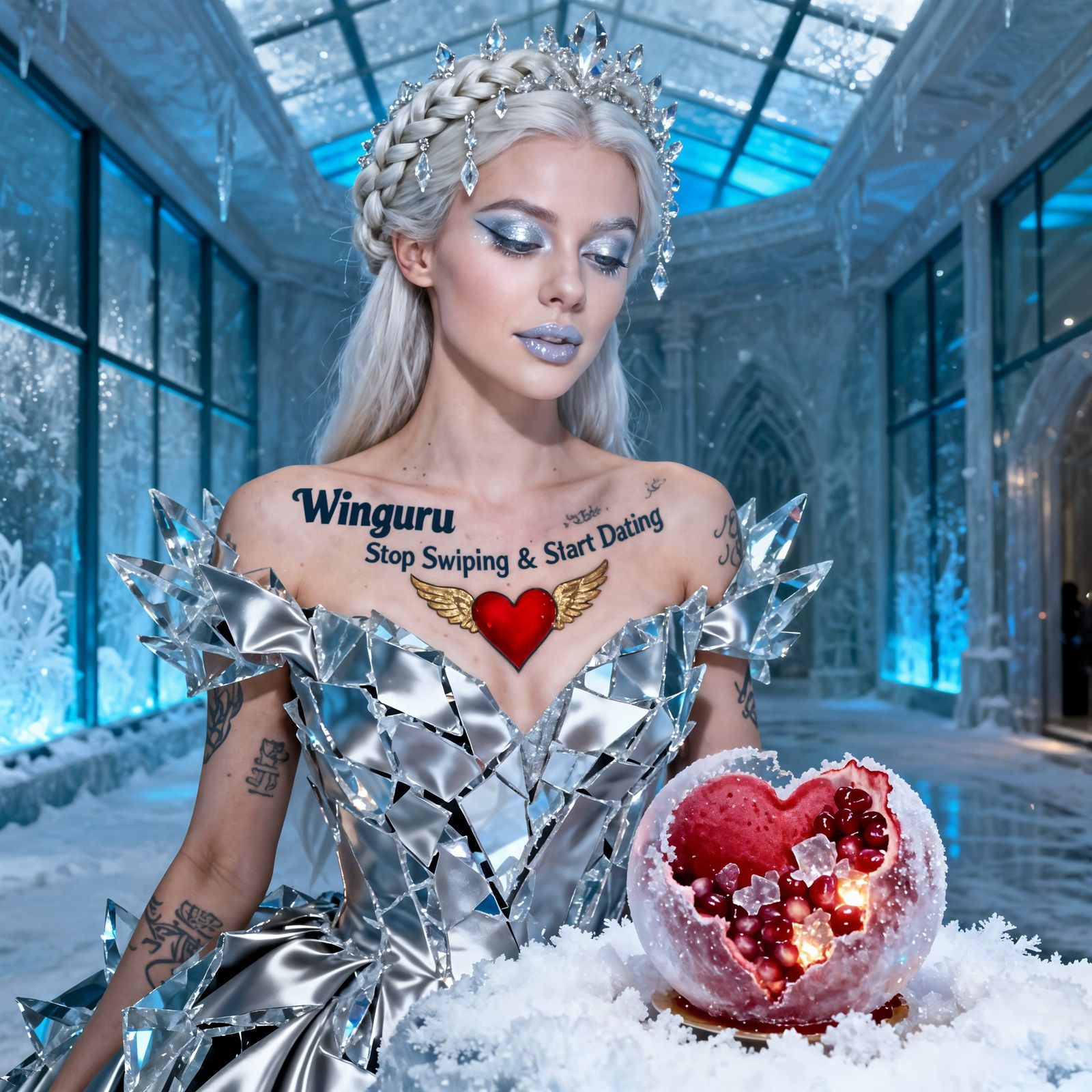 Woman in Shimmering Silver Ice Shard Gown