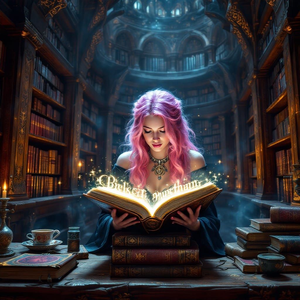 Enchanted Sorceress Lost in Tomes of Ancient Magic