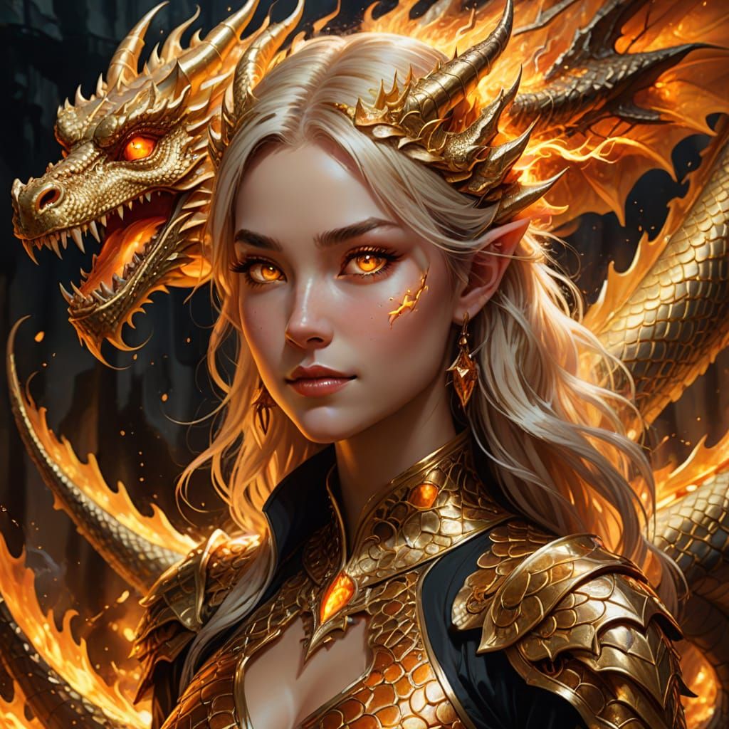 Golden Dragon Girl Portrait in Vibrant Oil Painting Style
