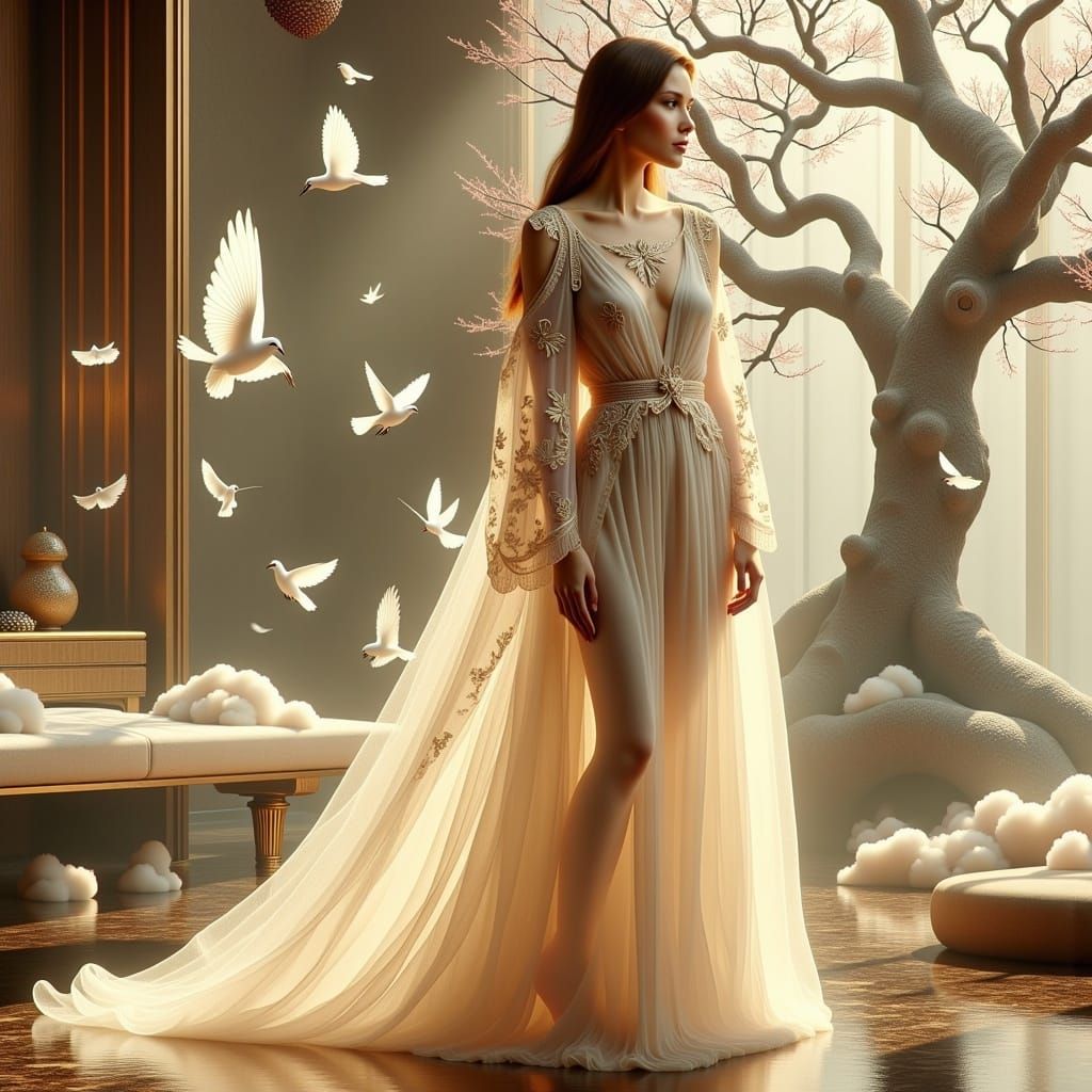 Ethereal Boho Bride in Luxurious Poncho and Dress, against a...