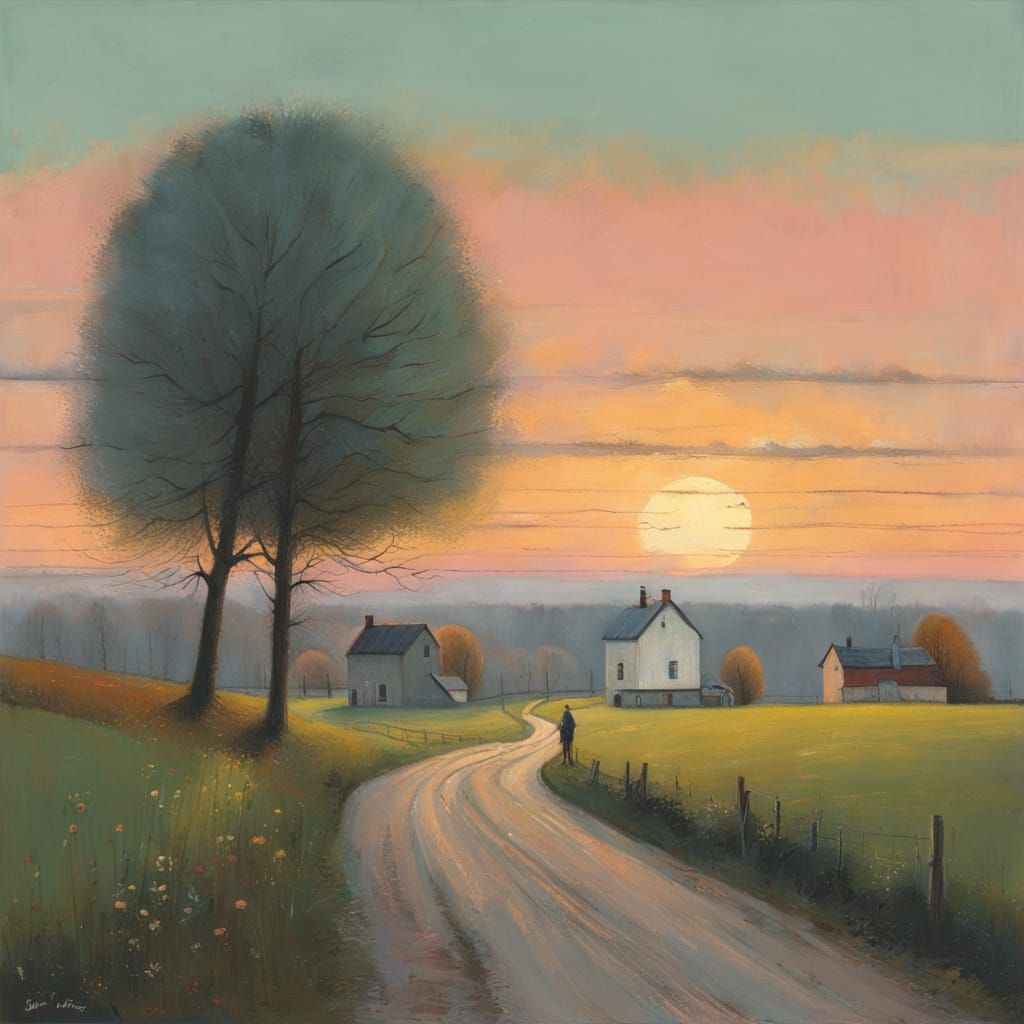 Whimsical Countryside Scene in Quirky Oil Pastel Style