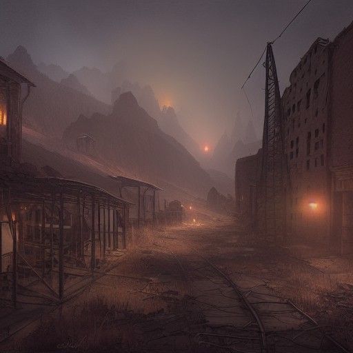 Abandoned Mining Town at Sunset in Dark Fantasy Style