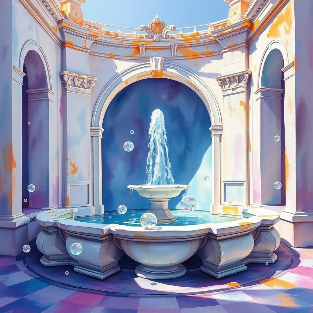 Ancient Marble Fountain in Impressionist Gouache Style