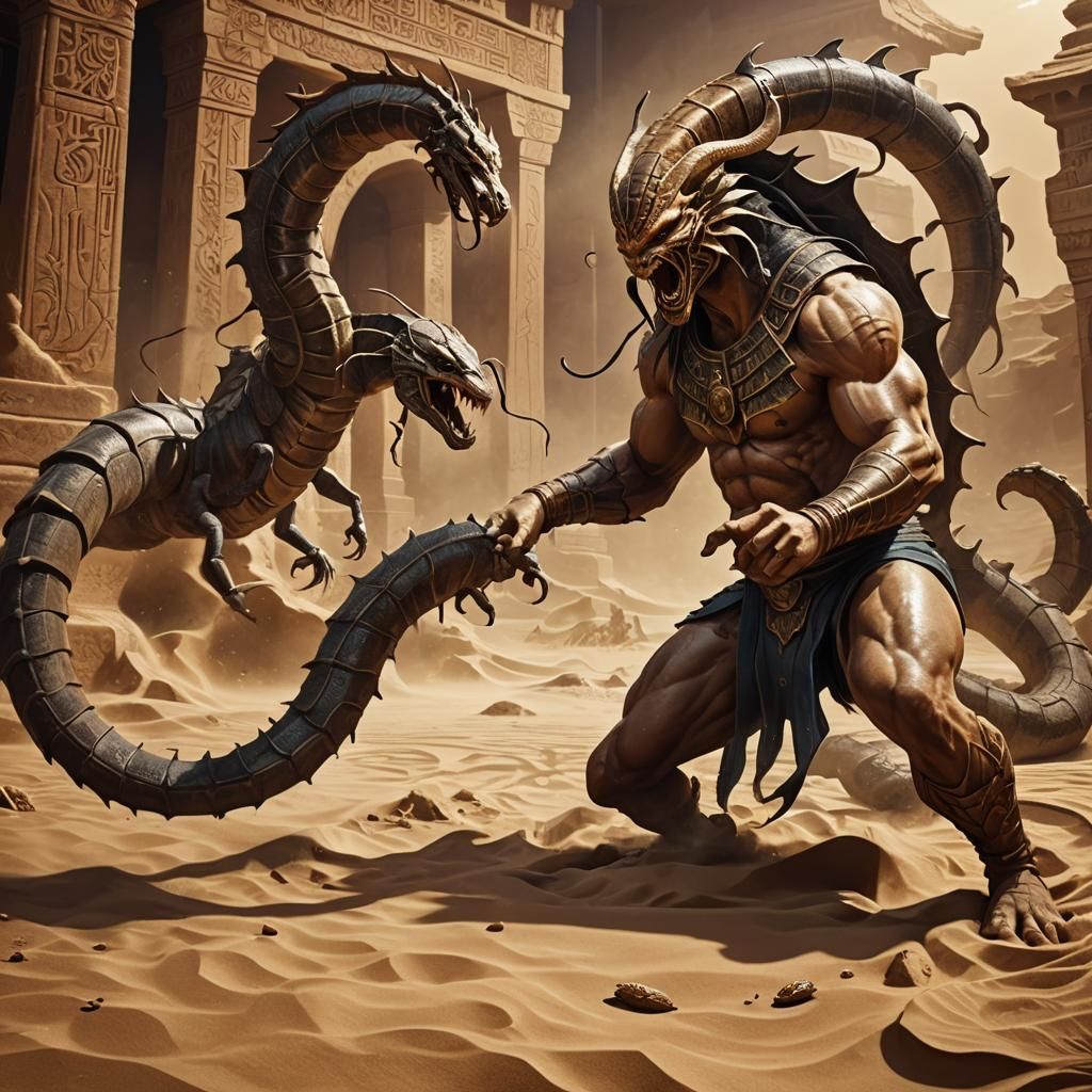 Epic Fantasy Battle: Naga vs Giant Scorpion in Golden Hour