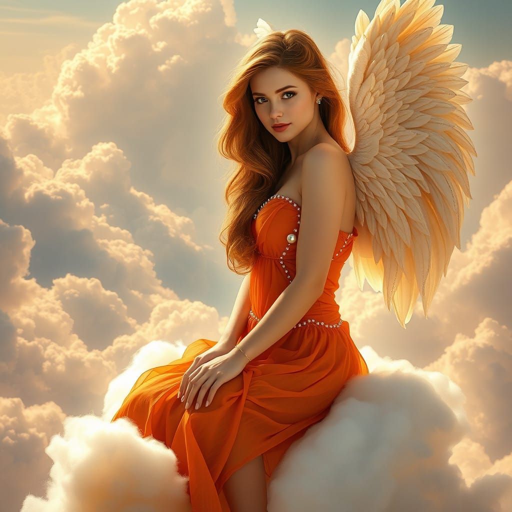 Stunningly Realistic Angel in Exquisite Orange Mini Dress